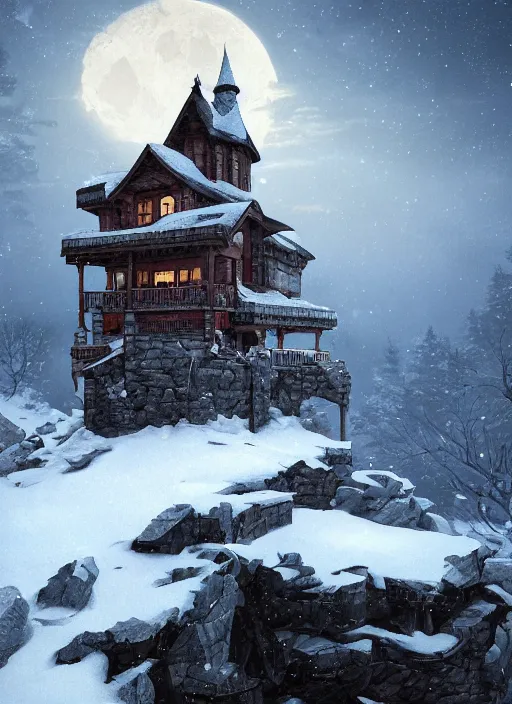 Image similar to a cabin castle on the top of a snowy mountain, crescent moon, greg rutkowski, 8 k, shallow depth of field, intricate detail, concept art,