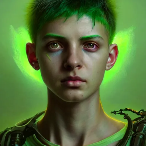 Prompt: portrait painting of a post - apocalyptic bright green haloed bald androgynous teenager with white eyes and green halo, ultra realistic, concept art, intricate details, eerie, highly detailed, photorealistic, octane render, 8 k, unreal engine. art by artgerm and greg rutkowski and charlie bowater and magali villeneuve and alphonse mucha