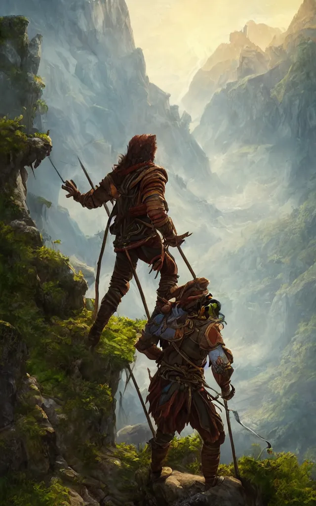 Prompt: an oil art painting of young handsome fool adventurer with adventurer hiking backpack, grim gwent card, gipsy mage adventurer character design from inquisition, climbing up a cliffside, 4 k, ultra detail, volumetric lighting, unreal engine, octane render