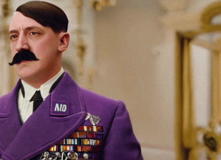 Prompt: a film still of a pompous gay adolf hitler in the grand budapest hotel ( 2 0 1 4 ) )