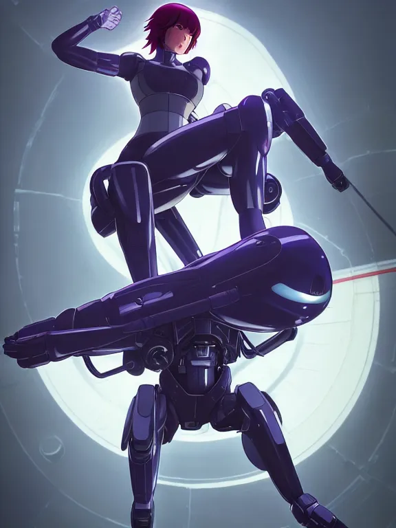 Image similar to a fullbody action still of motoko kusanagi riding on top of a tachikoma, the major ghost in the shell : : stand alone complex, under repairs, maintenance : : by ilya kuvshinov, rossdraws, artgerm, sola digital arts, anti aliasing, raytracing : :