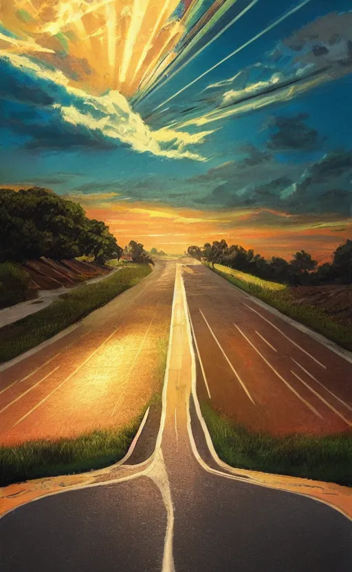 Prompt: paperback book cover. 1 9 5 0 s. pure colors, melting clouds, accurately drawn details, a sunburst above a receding road with the light reflected in furrows and ruts, after rain. photorealistic. octane render. cinematic. trending on artstation. textless.