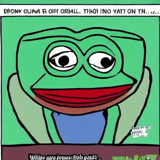 Prompt: pepe the frog sitting in a room, cartoon