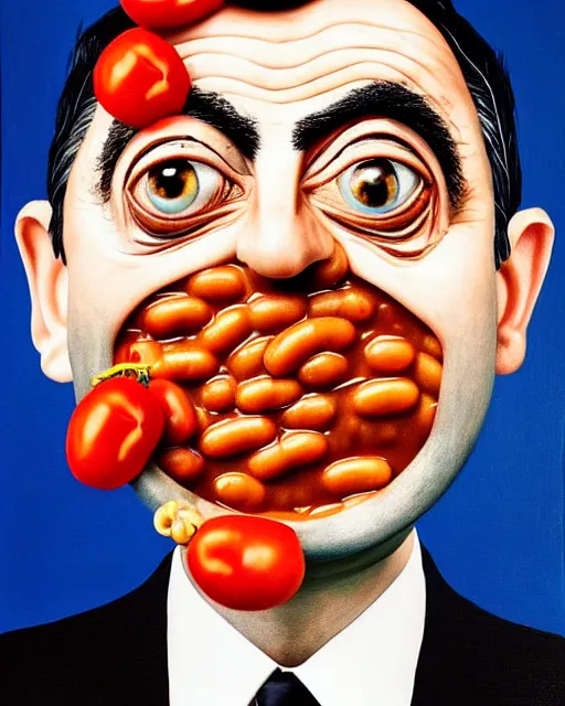 Image similar to portrait of mr bean's face in a bowl full of baked beans, head fully covered in beans and tomato sauce, beans in his eyes sockets, tomato sauce coming from his eyes, open mouth overflowing with baked beans, rowan atkinson, muted colors, surrealist oil painting, highly detailed
