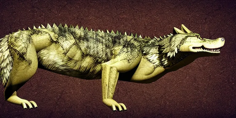 Image similar to chimera made of a wolf and a crocodile, photo of wolf, photo of crocodile, awarded on pixiv, photo realism, realistic wood swamp, professional photoshop artwork