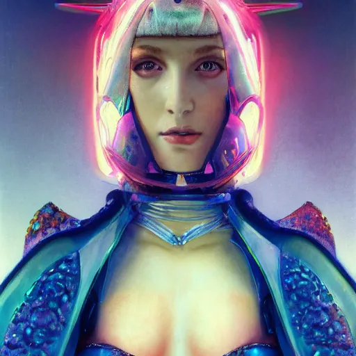 Image similar to a highly detailed portrait of a futuristic blade runner princess, neon colored dress, beautiful detail and color, art by john collier and albert aublet and krenz cushart and artem demura and alphonse mucha, volumetric lighting, octane render, 4 k resolution, matte, sharp focus, illustration, art by jacque - louis david, baroque style