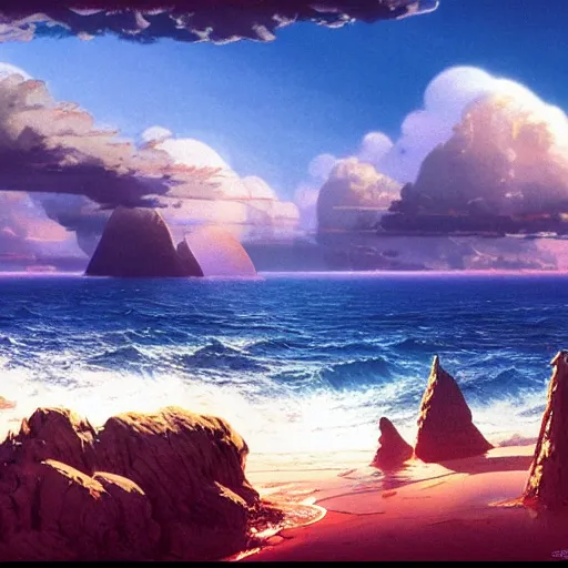 Image similar to beautiful matte painting of a dreamy ocean with clouds, sci - fi, daylight, blue sky, cinematic lighting, cinematic perspective, syd mead, john harris,