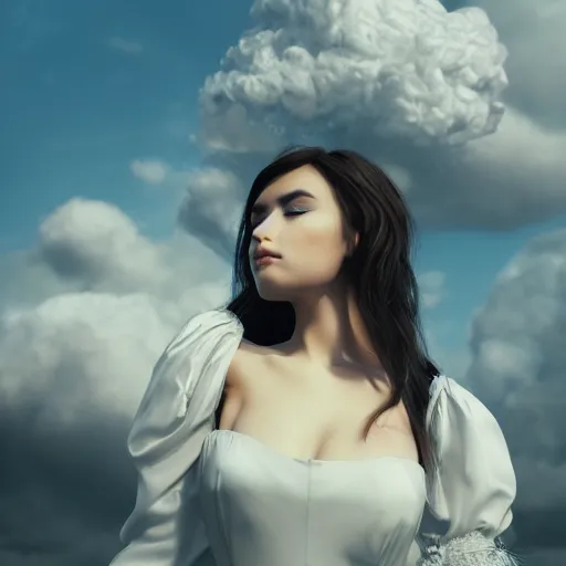 Image similar to beautiful girl in full gown blowing clouds, beautiful portrait, character concept style trending on artstation concept art detailed octane render cinematic photo - realistic 8 k high detailed