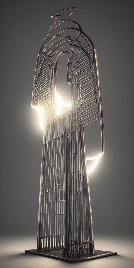 Image similar to 3 d photographic render of a torii gate sculpture made of liquid metal, chrometype, raytraced, hyper realistic, volumetric lightning, 8 k, by zhelong xu, ouchh and and innate studio