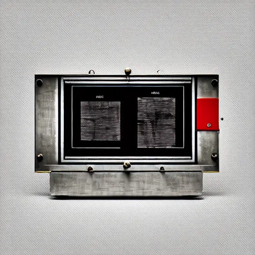 Image similar to an old, filthy, broken, 1960s-era, retro device, made of brushed steel, for displaying recipes, digital pong screen, set on a kitchen counter, dramatic constrasting light, redshift render, but as high contrast photography, featured on behance, golden ratio, f32, well composed, cohesive, from the show X-Files