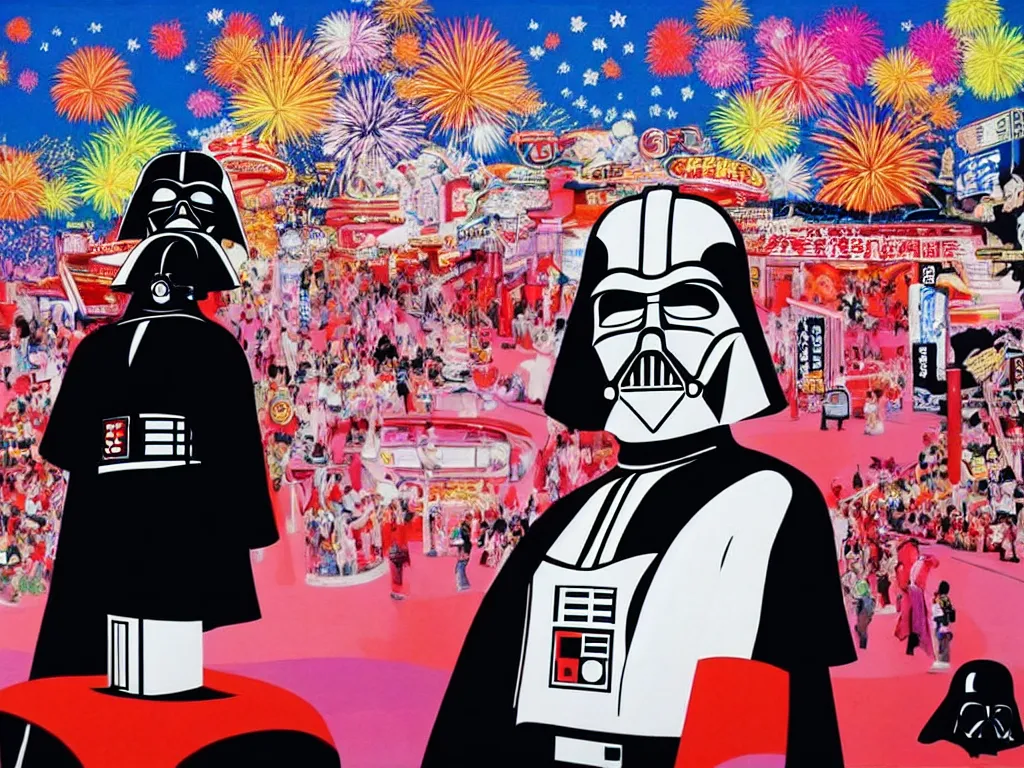 Image similar to hyperrealistic composition, in the middle the woman in a japanese kimono, behind her stands the darth vader, in front of her a table from the casino, in the background is ( ( mount fuji ) ) and fireworks, pop - art style, jacky tsai style, andy warhol style, acrylic on canvas