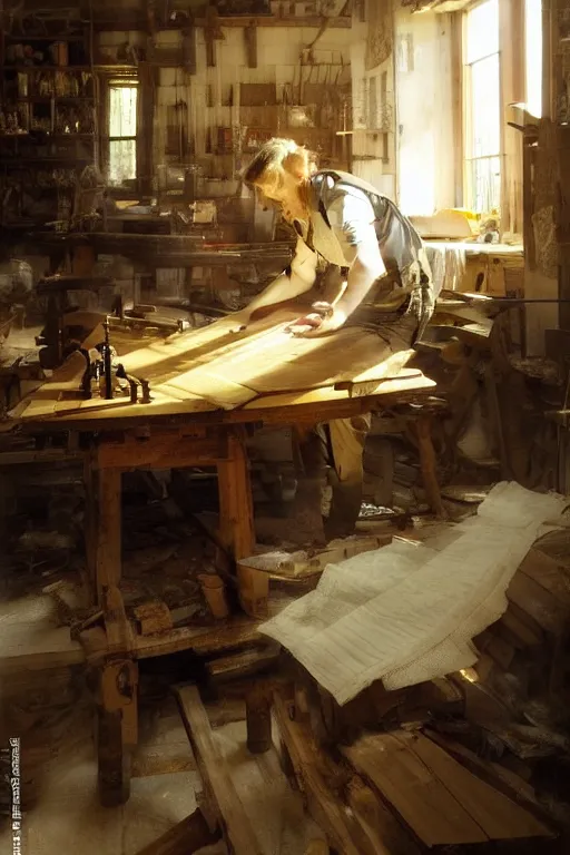 Image similar to simple craftsman fine woodworker building a wooden table in their well lit clean open workshop, art by anders zorn, wonderful masterpiece by greg rutkowski, beautiful cinematic light, american romanticism thomas lawrence, greg rutkowski