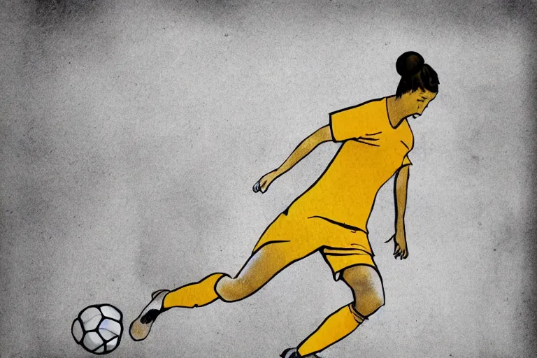 Image similar to beautiful serene amateur soccer player, healing through motion, life, minimalistic golden and ink airbrush painting on white background