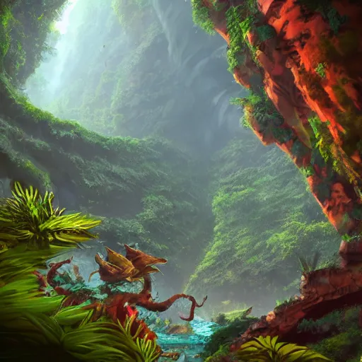 Image similar to Canyon in the jungle with corals and dinosaur dkeletons, 8k, detailed, concept art, trending on artstation