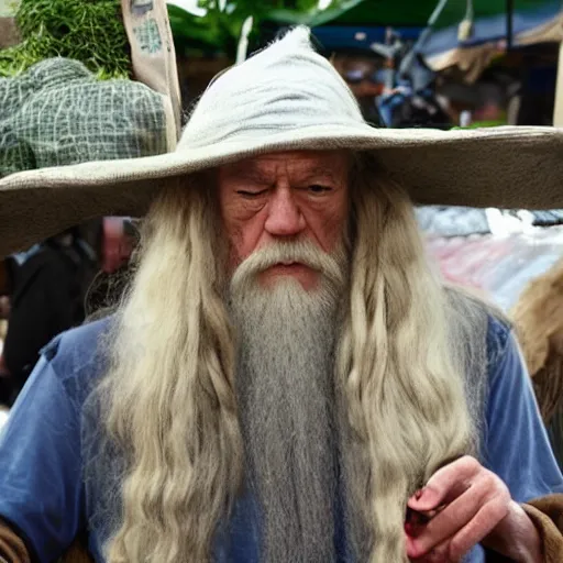 Prompt: Gandalf selling hemp at the farmer's market