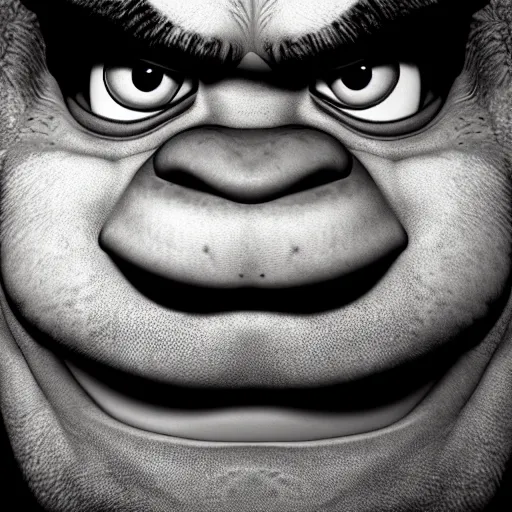 Prompt: shrek!! kubrick stare, menacing, instense stare, close up of face