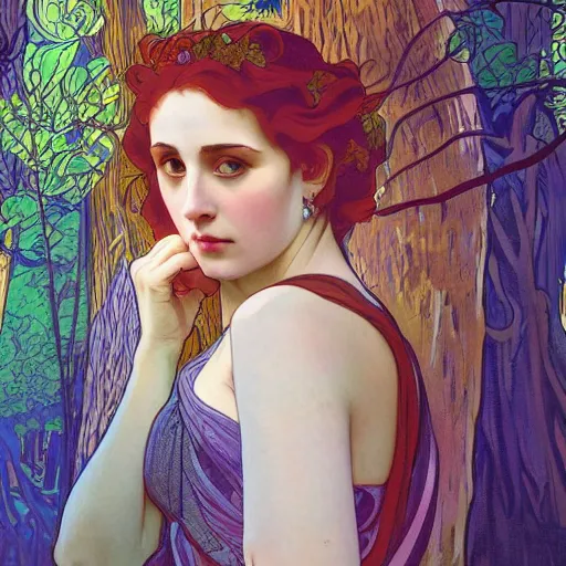 Image similar to portrait of a strange, gorgeous and mystical woman in the woods, trees in the background, evening lighting, 4k, detailed, in the style of Alphonse Mucha