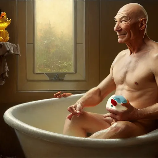 Image similar to fully clothed patrick stewart in a bathtub with a rubber duck, highly detailed painting by gaston bussiere, j. c. leyendecker, greg rutkowski, craig mullins 8 k