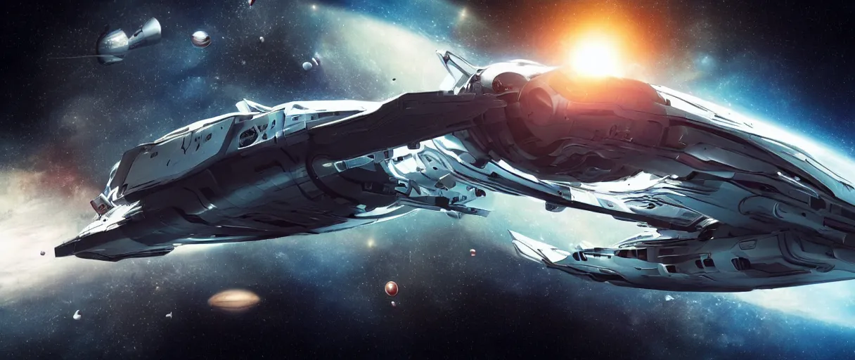 Image similar to concept art, small industrial design spaceship drifting in space, very large scales, wide angle, cinematic lighting, 4k, widescreen ratio, blunt shapes, poster art