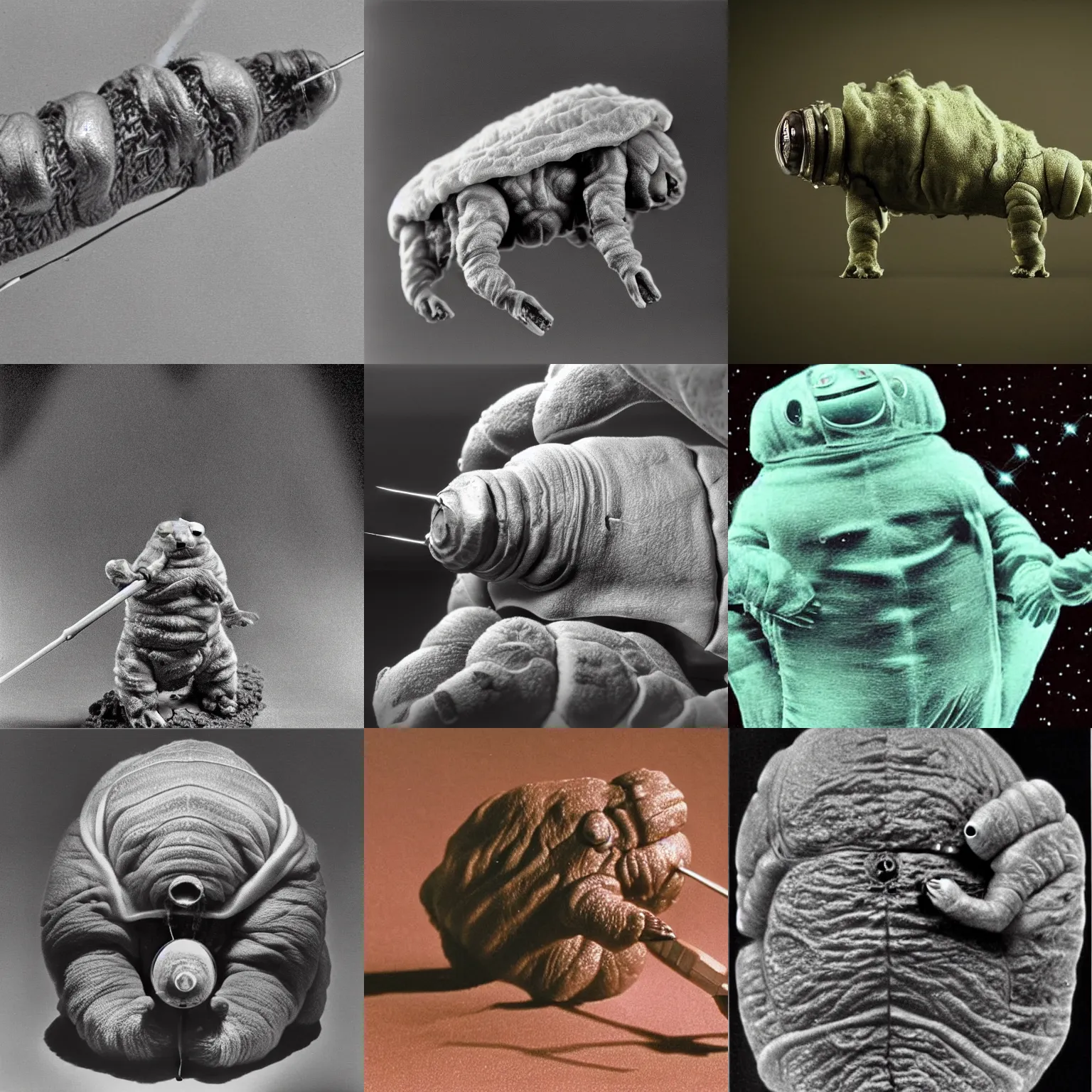 Prompt: Tardigrade holding a spear seen with an electron microscope,