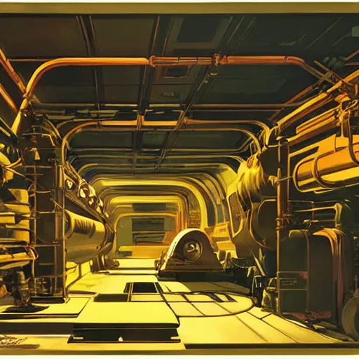 Prompt: painting of an ancient civilzation interior engine room, syd mead