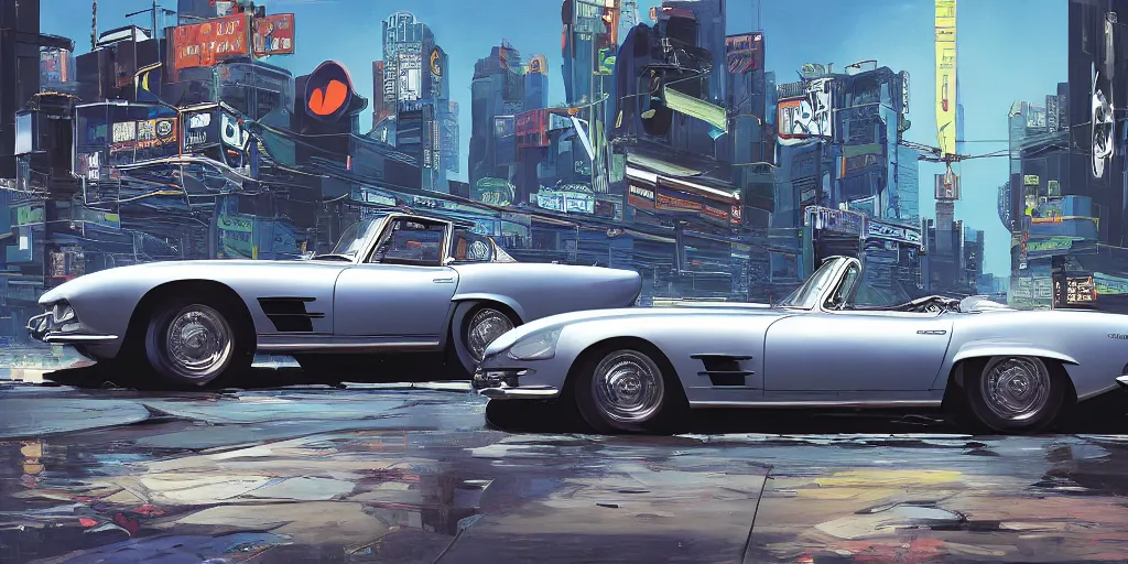 Prompt: art style by Ben Aronson and Edward Hopper and Syd Mead, wide shot view of the Cyberpunk 2077, on ground level. full view of the hybrid design between Aston Martin DB4 1958, Corvette C2 1969, and Mercedes-Benz 300sl 1955 with wide body kit modification and dark pearlescent holographic paint.