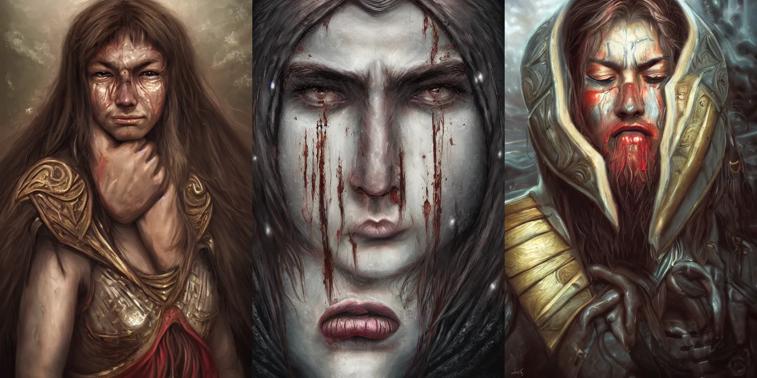 Prompt: portrait of a warrior crying. fantasy, digital painting, hd, detailed.