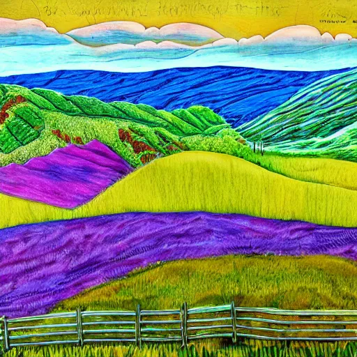 Image similar to rolling hills and a farm, appalachian folk art, mixed media, 3 d, detailed, award winning, blue, purple, red, orange, green