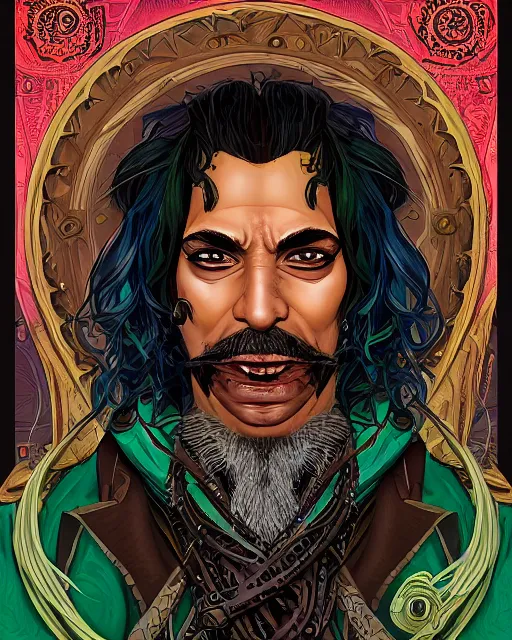 Prompt: a detailed portrait illustration of a steampunk wizard. stern indian male face, dark skin, piercing green eyes. art nouveau, pop art, comic book style. influenced by neil gaiman, h. p. lovecraft, dan mumford, brian froud, vadim voitekhovitch, killian eng, ross tran, cedric peyravernay.