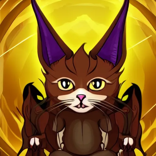 Image similar to evil cat with horns on its head sitting on a burning throne, the lord of hell, vast expanse of hell background, cat satan,