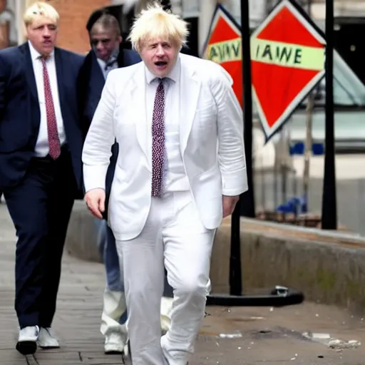 Prompt: Boris Johnson in pub brawl, white suit, blood, broken furniture, smashed glass