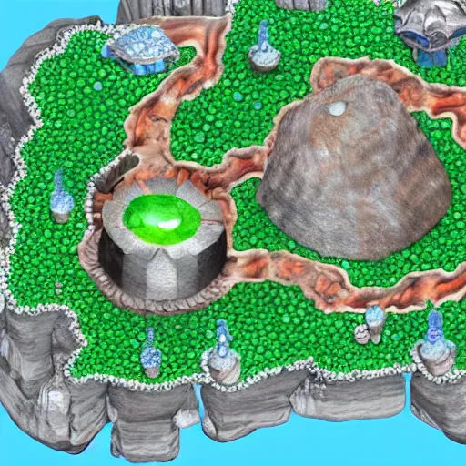 Image similar to a top down view of a town with a wizard tower in the center, a big rock with encrusted diamonds to the north, a big rock with encrusted emeralds to the south and a cave to the east, from a resource gathering game