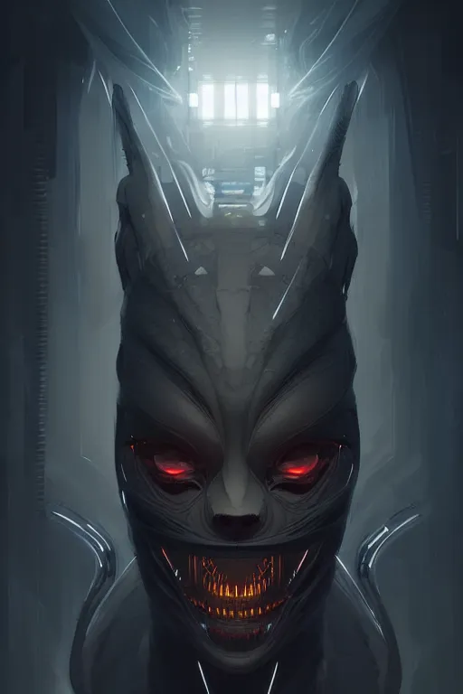 Image similar to professional concept art portrait of a predatory robotic species in a dark room by artgerm and greg rutkowski. an intricate, elegant, highly detailed digital painting, concept art, smooth, sharp focus, illustration, in the style of cam sykes.