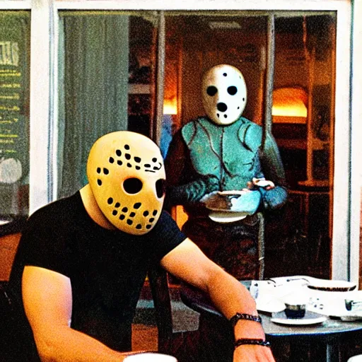 Image similar to photograph of jason voorhees having a coffee at an european caffé