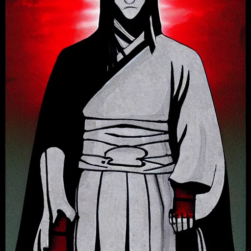 Image similar to samarai cloaked in white with swords, standing in light beam of a dark cave, ruby red sorrow, high quality, ultra detail