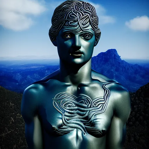 Image similar to greek statue dripping black iridescent liquid by alex grey, mountains in background, geometric vines, moody, dramatic, introspective, 8 k, octane render, photorealistic, hyper detailed, perfect lighting