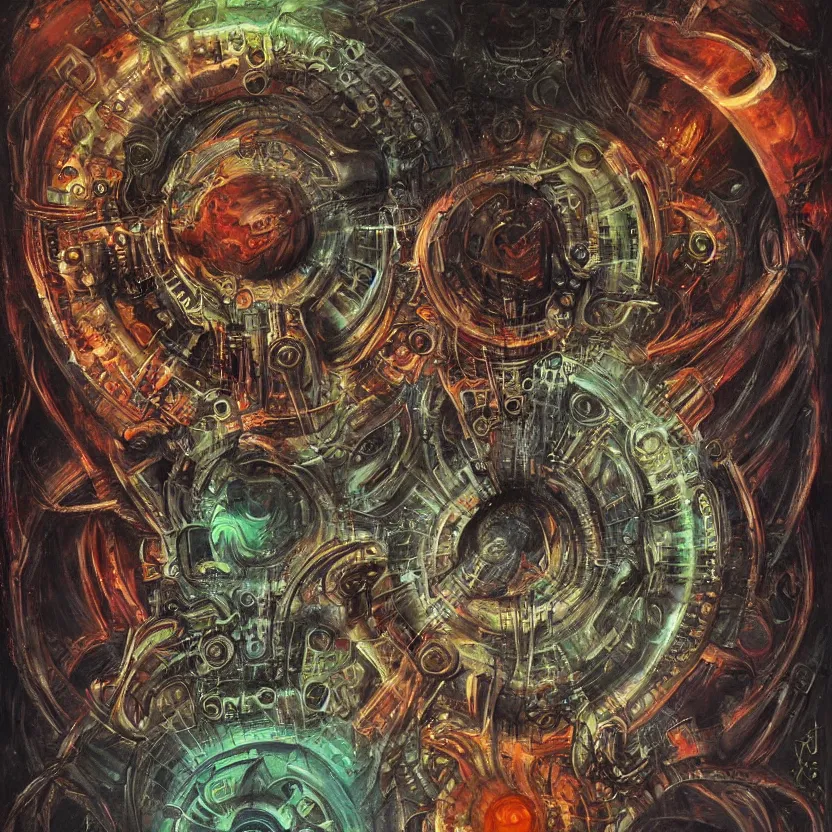 Prompt: biomechanical muladara chakra, volumetric shadows and lighting, concept art, psychedelic colors, realistic oil painting by h. r giger,