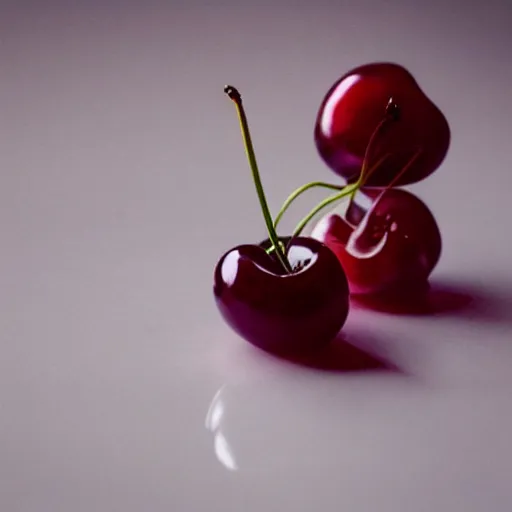 Prompt: perfume bottle and artistic dark red cherries, softly - lit, realistic, up close shot, white background, zen, light, modern minimalist f 2 0