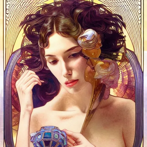 Prompt: deco art, goddess, garce, elgent, fantasy, rimming light, close - up / medium shot, by stanley artgerm lau and greg rutkowski and alphonse mucha