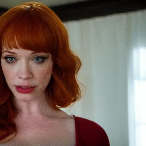 Image similar to amazing beautiful Christina Hendricks with an amazed look on her face in the living room, film still from the movie directed by Denis Villeneuve , wide lens