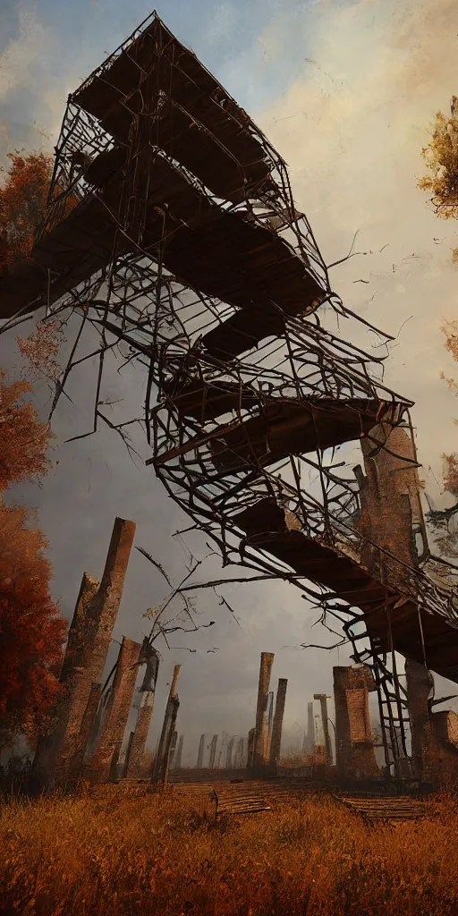 Image similar to rusty broken building constructions of a giant spiral upside - down staircase for multiple cases, leading to the sky, the ruins, in the steppe, autumn field, misty background, from the game pathologic 2, highly detailed, sharp focus, matte painting, by isaac levitan and asher brown durand,