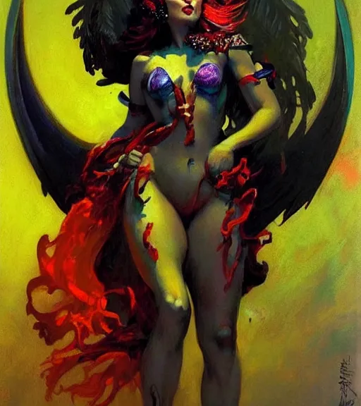 Prompt: portrait of junoesque iranian female chaos angel, beautiful! coherent! by frank frazetta, by brom, strong line, vivid neon color, shining metal power armor, iron helm, high contrast, maximalist