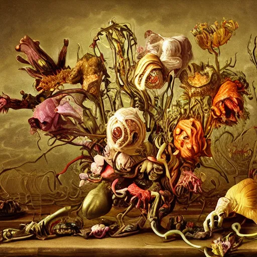 Image similar to disgusting disturbing dutch golden age bizarre mutant insect flower floral still life with many human toes realistic human toes blossoming everywhere very detailed fungus tumor disturbing tendrils bizarre slimy forms sprouting up everywhere by rachel ruysch black background chiaroscuro dramatic lighting perfect composition high definition 8 k 1 0 8 0 p