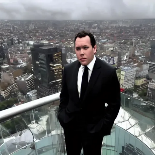 Prompt: Clean-shaven Jon Favreau wearing a black suit and black necktie and black dress shoes is climbing up a tall building in an urban city. The sky is filled with dark clouds and the mood is ominous.