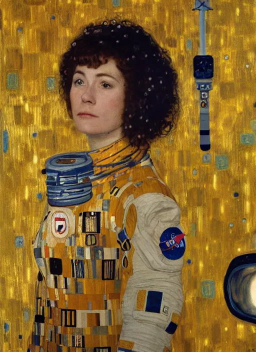 Prompt: woman astronaut in profile, holding a sword, painting by gustav klimt, detailed, ambient lighting, photo realistic, 8 k