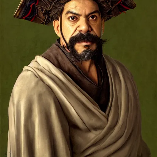 Image similar to hyper realistic, realistic - anime, portrait, beautifully rendered, ancient garb, luis guzman as luigi wearing green, smirking deviously, luigi, luigi's nose, painted by jan van eyck, albrecht durer, gustave courbet, greg rutkowski, wlop, artgerm, dishonored 2,