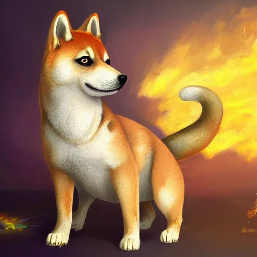 Prompt: an oil painting of a shiba inu and dragon hybrid, hd, artstation, 4 k wallpaper