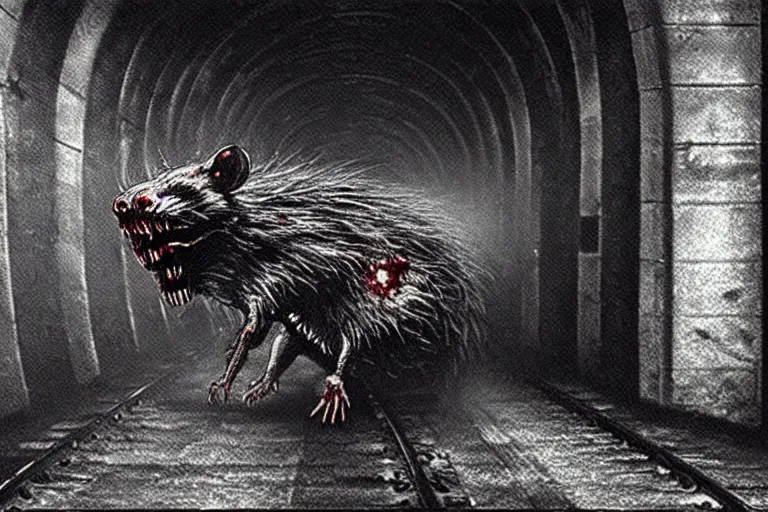 Image similar to very large giant mutant zombie irradiated ( angry rat ) staying on railways in tonnel of moscow subway. tonnel, railways, giant angry rat, furr, fangs, claws, very realistic. fog, extreme long shot, herman nitsch, giger.