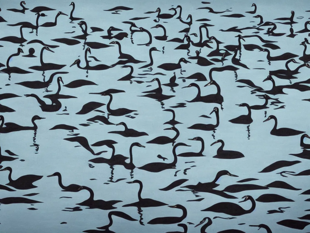 Image similar to black swans chilling in a lake that surrounded by forest, lake is light blue and sky is cloudy, by collaboration of M. C. Escher and Salvador Dali