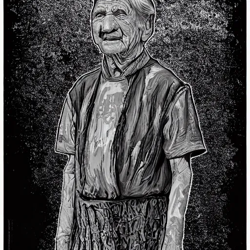 Image similar to detailed half body digital art of a old person wearing ragged and ruined clothes. the background is pure black with a little bit of glow behind the character